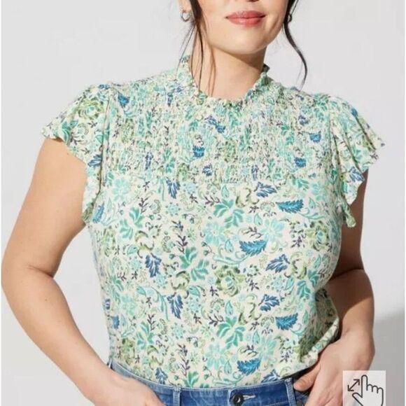 Torrid Cotton Modal Jersey Smocked Mock Neck Top in Blue & Green Size 2 - Picture 1 of 9